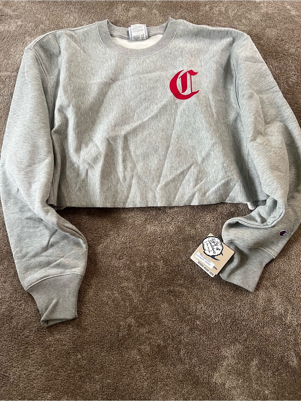 Champion Gray Cropped Crewneck Sweatshirt with Red 'C' Logo